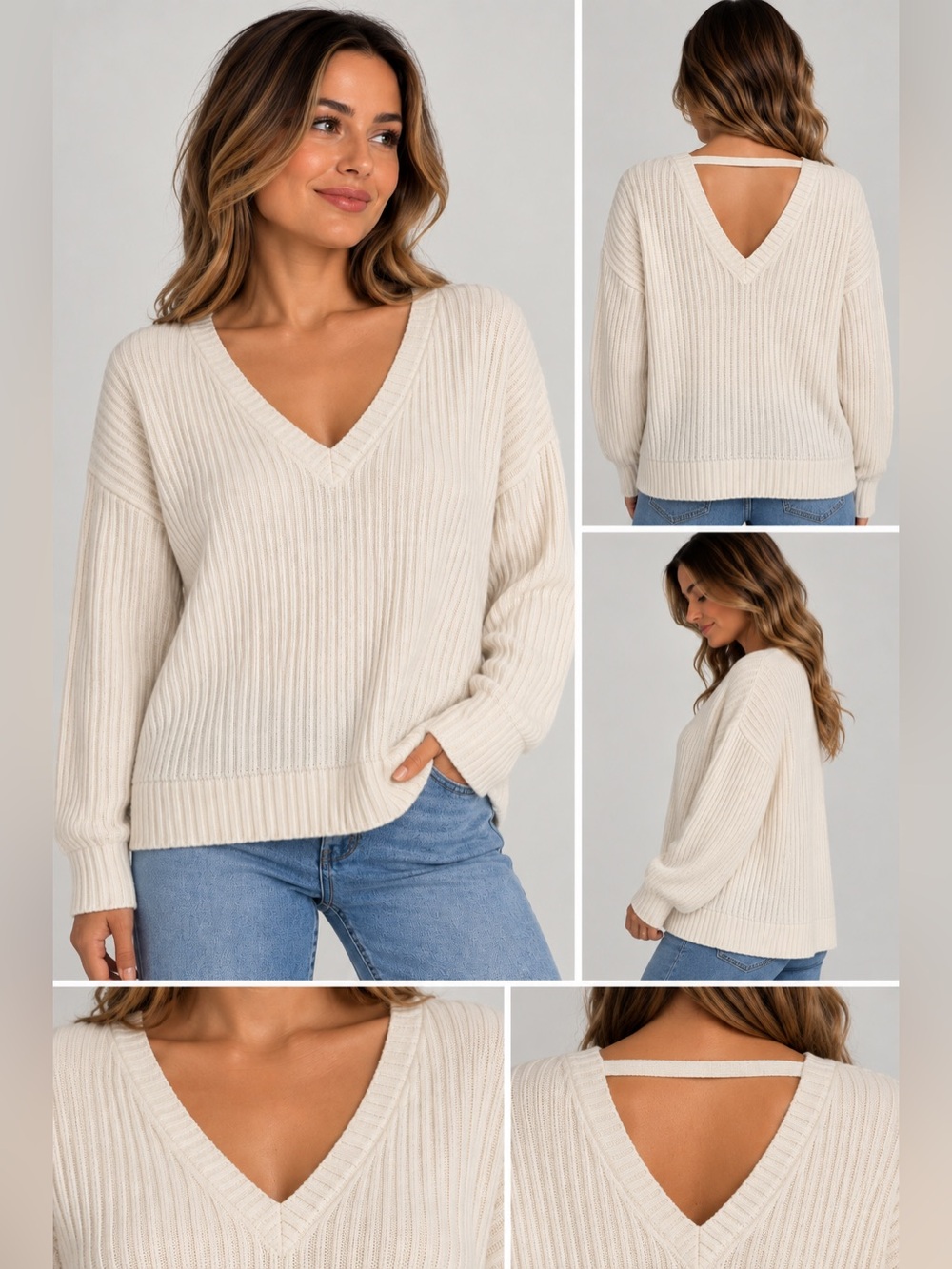 Liverpool Women’s Cream Ribbed V-Neck Sweater